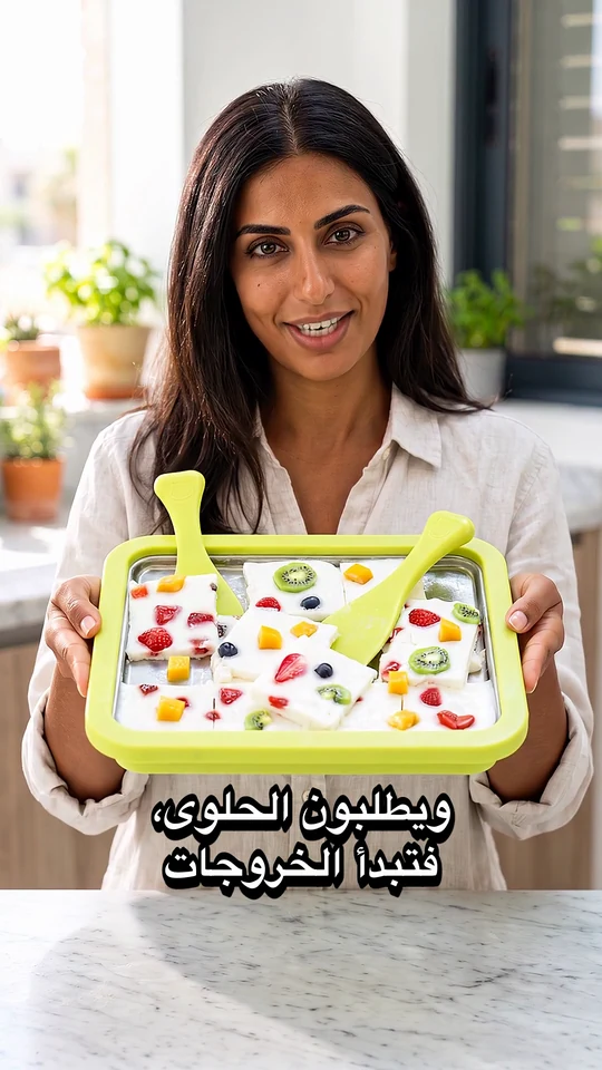 Image de la publicité vidéo générée par AdGen au format vertical : une présentatrice montre le produit, sous-titre en arabe