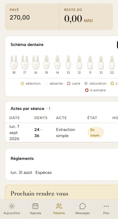 La fiche de Dental OS sur un téléphone, schéma dentaire, actes et règlements