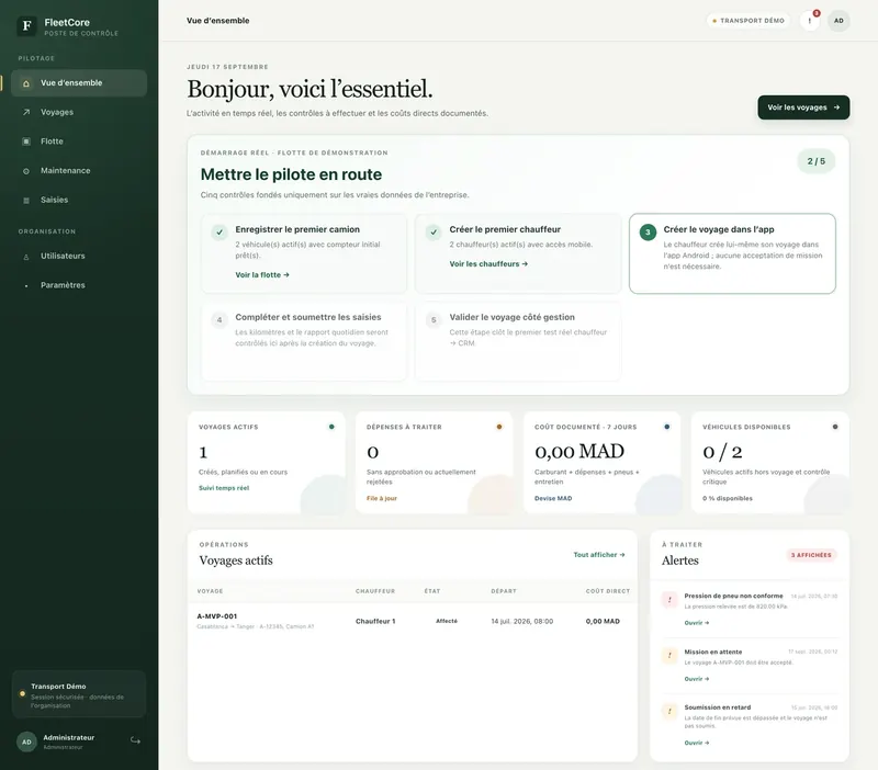 Tableau de bord d'accueil de FleetCore, étapes de mise en route, indicateurs de flotte, voyages en cours et alertes