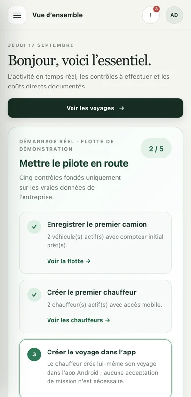 Le même tableau de bord d'accueil de FleetCore sur un téléphone, le bandeau du haut et les étapes de mise en route